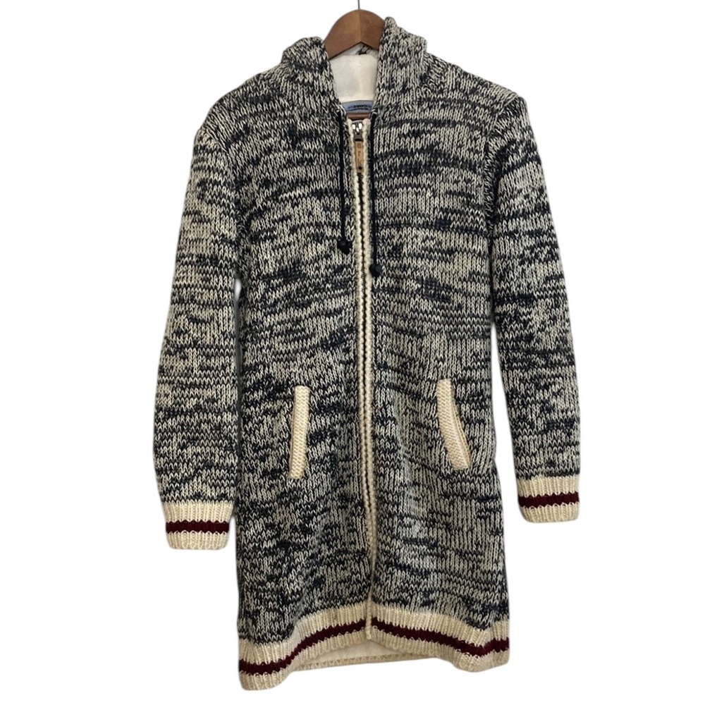 Ark Imports Sweater Jacket Womens Small Medium Gray Red Wool Fleece Cabin Stripe